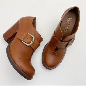 KORK Kork-Ease Brown Leather Buckle Strap Chunky Heel Bootie - Size 7